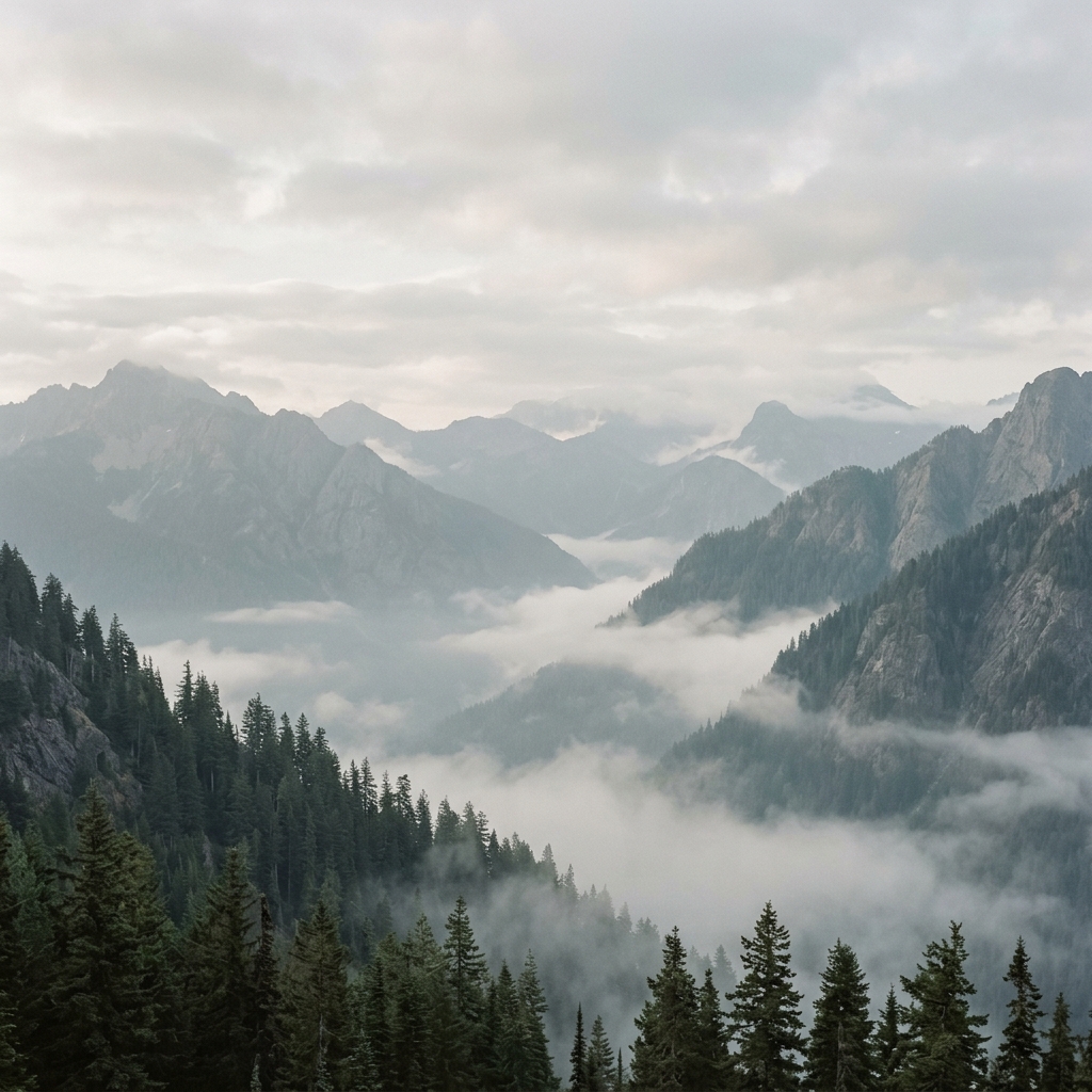 Misty mountains pine forest